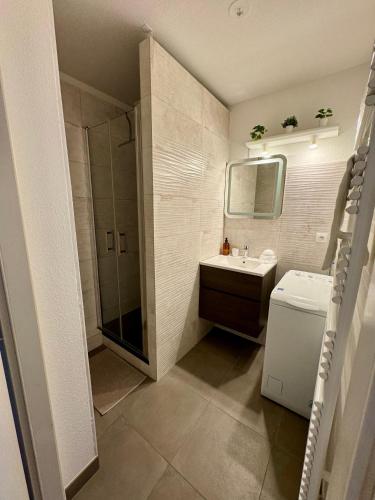 une salle de bain avec un lavabo et une douche dans l'établissement Bienvenue au Raio de Sol - Centre Ville - 2 Guests, à Colmar