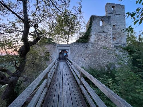 a wooden bridge leading to a castle with a tunnel at Essing in Essing