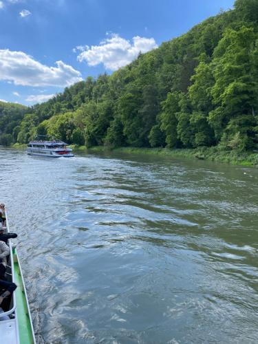 a boat traveling down a river with trees at Essing in Essing