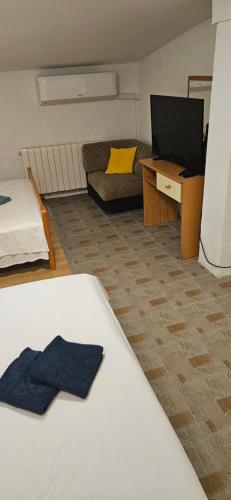 Pokój z łóżkiem, telewizorem i kanapą w obiekcie Apartments Hugo w mieście Malinska