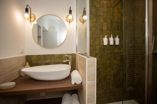 une salle de bain avec un lavabo, un miroir et une douche dans l'établissement Le Refuge - Au coeur de Dax, à Dax