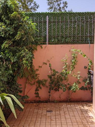 a pink wall with a fence and plants at Janat House in Marrakech