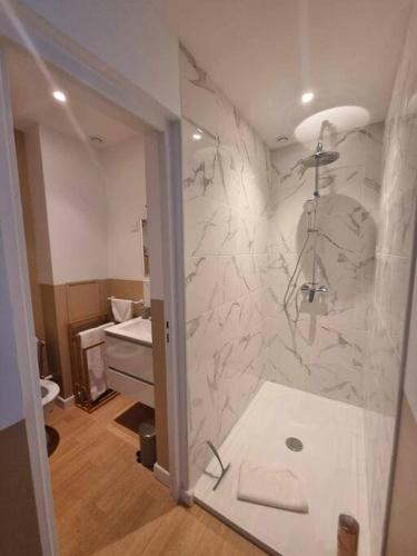 La salle de bains est pourvue d'une douche et d'un mur en marbre. dans l'établissement White cozy maxi studio, à Calais Saint-Pierre