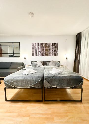 a bedroom with two beds and a couch at modern living in Karlsruhe - frieden apartments in Karlsruhe