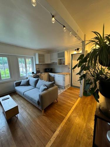un salon avec un canapé et une cuisine dans l'établissement Au Cœur de la Nature, idéalement placé Paris, à Presles
