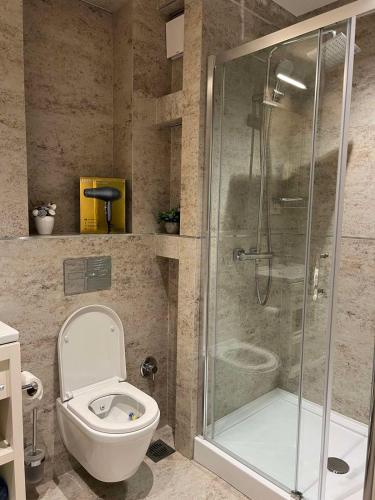 a bathroom with a toilet and a glass shower at Zepterme Apartman 605 in Vrnjačka Banja