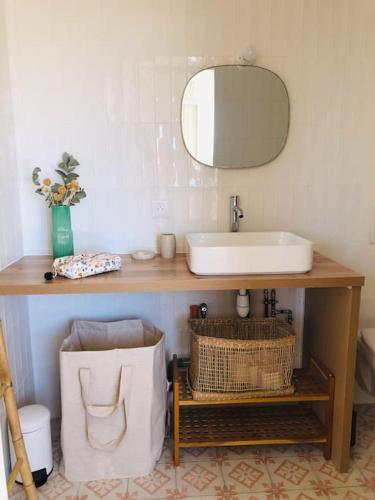 une salle de bain avec un lavabo et un miroir dans l'établissement Lou Pitchou, le T1, à La Ciotat