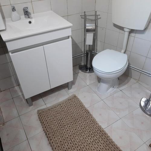 a bathroom with a toilet and a sink and a rug at Casa da Soma in Viseu
