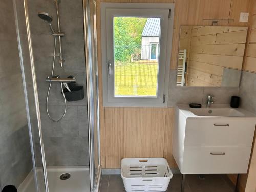 un piccolo bagno con doccia e lavandino di Les balcons de la vallée de la Marne PROCHE DISNEY À Azy Sur Marne a Bonneil
