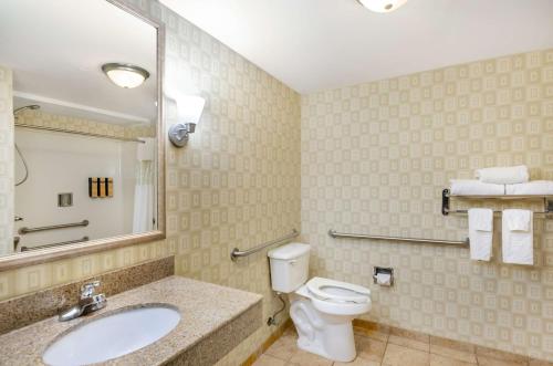 a bathroom with a toilet and a sink and a mirror at Best Western Plus Waynesboro in Waynesboro