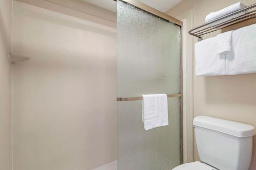 a bathroom with a toilet and a glass shower door at Best Western Denver Southwest in Lakewood