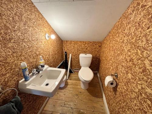 a bathroom with a toilet and a sink at Résidences touristiques l’Abris in LʼAnse-Saint-Jean