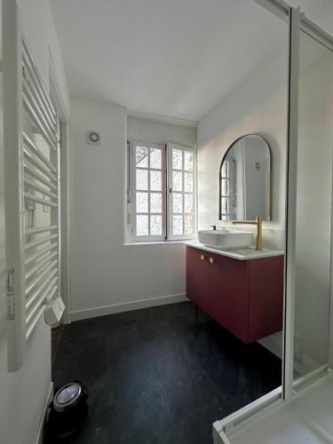 une salle de bain avec un lavabo et un miroir dans l'établissement Le Rêve Cosy, Studio Équipé, à Arras