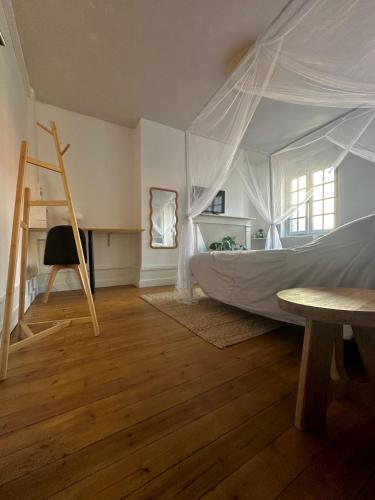 a bedroom with a canopy bed and a wooden floor at Le Rêve Cosy, Studio Équipé in Arras