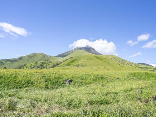a green hill with a mountain in the background at Yufuin Besso Shikisai Hotel in Yufuin