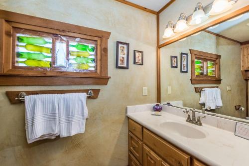 une salle de bain avec un lavabo et un miroir dans l'établissement Appian Way Oliva Cottage, à Fredericksburg