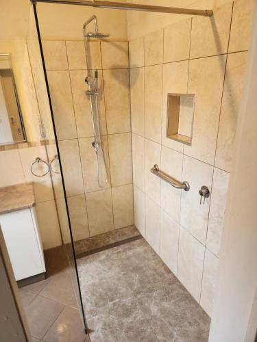 a bathroom with a shower with a glass door at Penfold Cottage CBD Launceston Invermay in Launceston