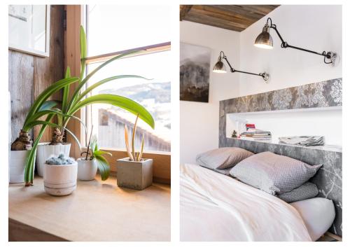 a bedroom with a bed and a window with plants at Chalet à Megève-Vauvray - Grands Appartements , vue Mont Blanc in Demi-Quartier