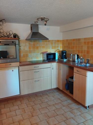 une cuisine avec une cuisinière et un micro-ondes dans l'établissement Duplex climatise CV Avignon extra muros, à Avignon