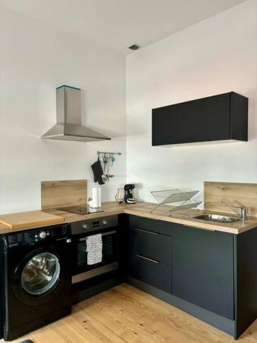 une cuisine avec une machine à laver et un évier dans l'établissement Studio fonctionnel, centre ville, rénové 205, à Saint-Étienne