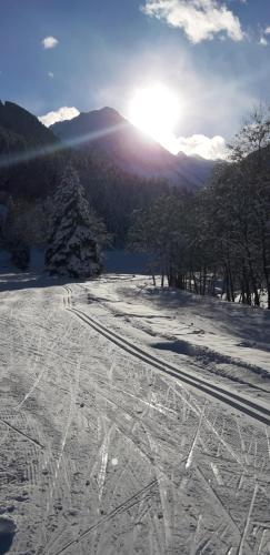 a group of people skiing down a snow covered slope at Stubai Apartment Telfes in Telfes im Stubai