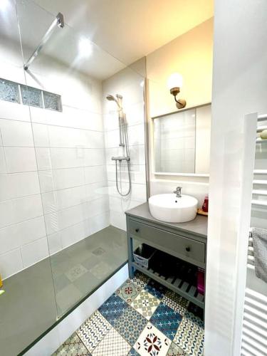 une salle de bain blanche avec un lavabo et une douche dans l'établissement Les quais, Vue fleuve, Proche Gare & Parking Privé, à Saint-Martin-le-Vinoux