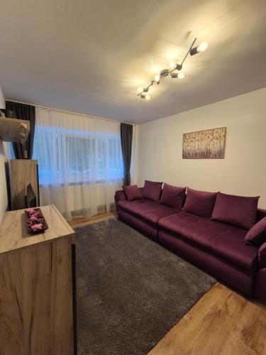 un salon avec un canapé et une table dans l'établissement Family Residence Slănic-Moldova, à Slănic-Moldova