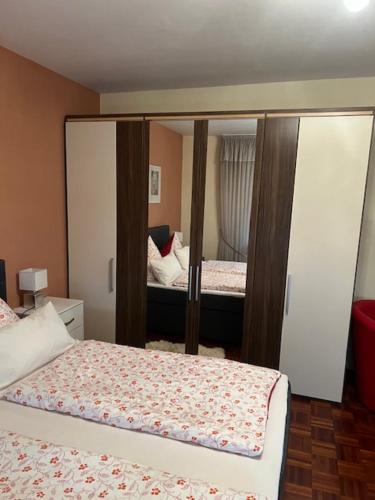 a bedroom with a bed and a large mirror at Gästehaus Elisabeth Bach in Mehring
