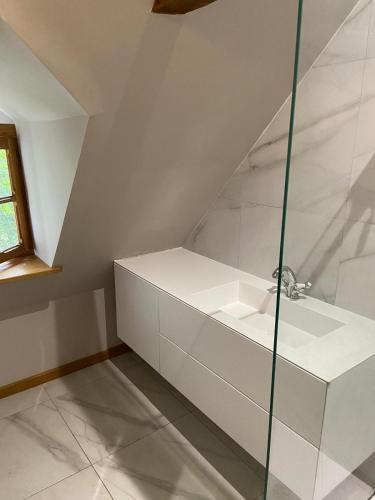 une salle de bain avec un lavabo et une douche en verre dans l'établissement Garden Cottage Kervolongar, à Garlan