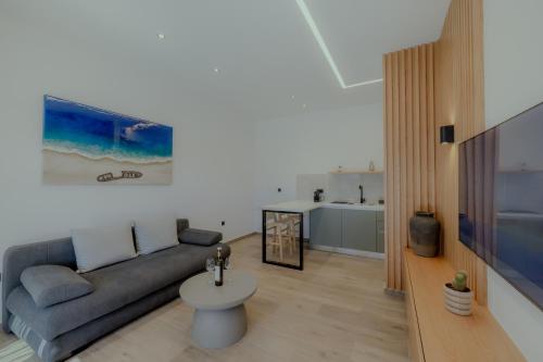 a living room with a couch and a television at NIAMA Luxury apartments Nafplio in Nafplio