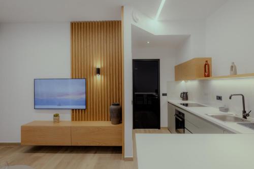 a kitchen with a flat screen tv on a wall at NIAMA Luxury apartments Nafplio in Nafplio
