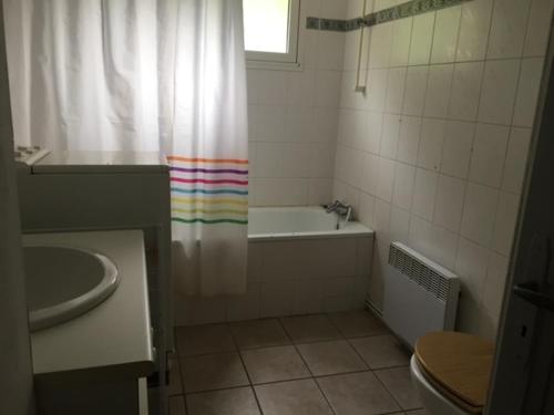 La salle de bains est pourvue d'un rideau de douche, d'une baignoire et d'un lavabo. dans l'établissement Appartement rez de jardin calme proche centre ville, à Luchon