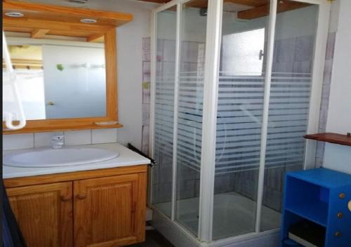 a bathroom with a glass shower and a sink at Studio Résidence Aphrodite Village naturiste en bord de mer à Leucate in Leucate