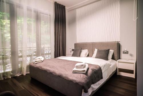 a bedroom with a bed and a large window at Oasis Karpat in Polyana