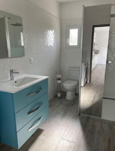 une salle de bain avec un lavabo bleu et des toilettes dans l'établissement Maison Les Lauriers, à Le Val