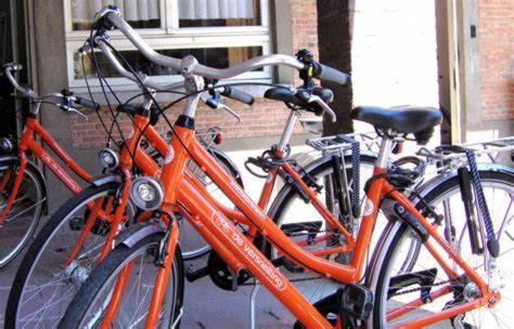 a group of orange bikes parked next to a building at 8 pers vakantiehuis met natuur- sauna en bubbelbad in Diessen