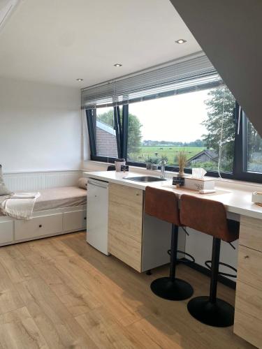 a kitchen with a sink and a large window at Vida Verde in Valkenburg
