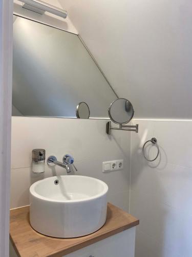 a bathroom with a white sink and a mirror at Vida Verde in Valkenburg