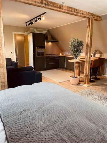 a bedroom with a kitchen and a living room at Landgoed Bekspring in Oldenzaal