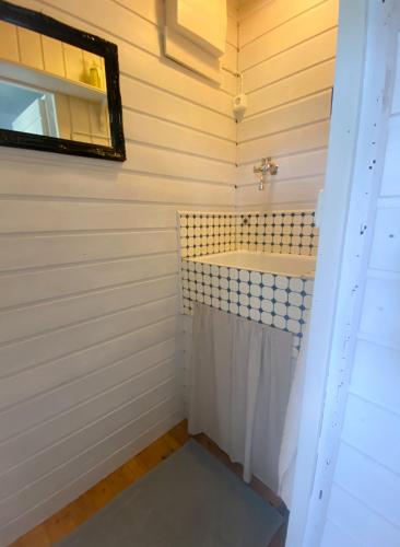 a bathroom with a sink and a mirror at Ljungaviken in Aneby