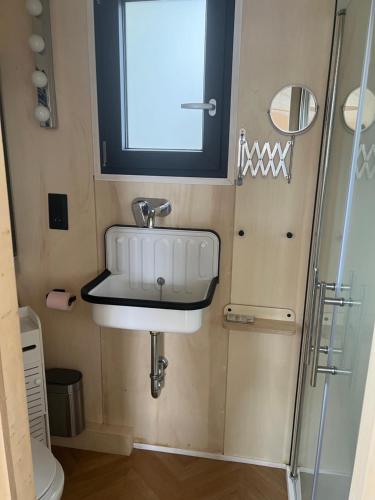 une salle de bain avec un lavabo et une fenêtre et des toilettes dans l'établissement Tiny house, à Saint-Usage