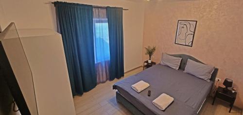 a bedroom with a bed and a window with blue curtains at AmurResidence 64 Sauna Parking Barbeque in Iaşi