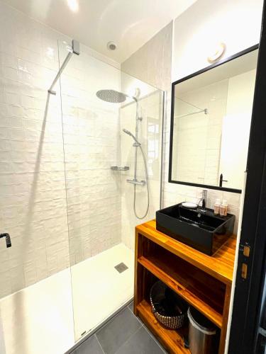 une salle de bain avec une douche avec un lavabo et un miroir dans l'établissement Appartement hôtel de ville INDUS, à Vannes