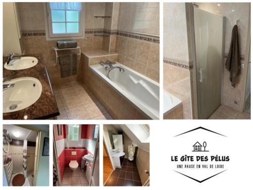 un collage de quatre photos d'une salle de bains dans l'établissement Le gîte des pélus, à Rochecorbon