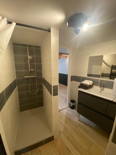 une salle de bain avec douche et lavabo dans l'établissement Petite maison de charme, à Saint-Rambert-en-Bugey