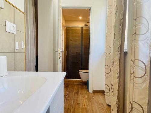 a bathroom with a white sink and a toilet at Boutique Apartment with Private Heated Pool in Novigrad Istria
