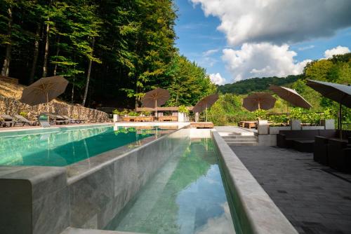 a swimming pool with umbrellas and a resort at Oasis Karpat in Polyana