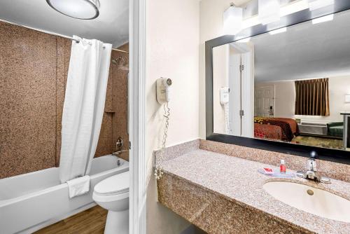a bathroom with a sink and a toilet and a mirror at Econo Lodge Kingsport East in Kingsport