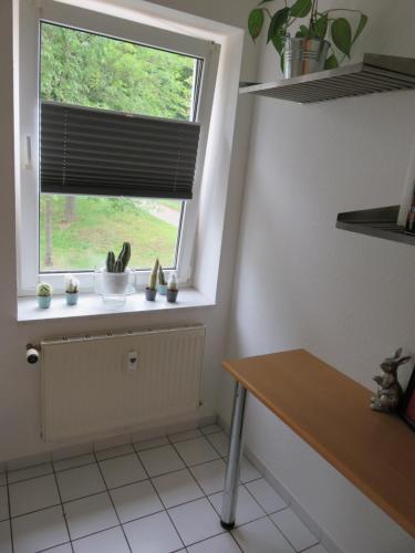 a kitchen with a window with a window blind at Wohnung am Tor zur Lewitz in Banzkow