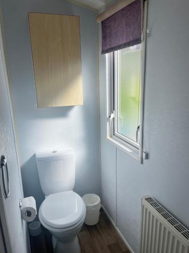 a small bathroom with a toilet and a window at Red Deer Village Holiday Park - 3 Bedroom, Self-Catering Holiday Home in Steps